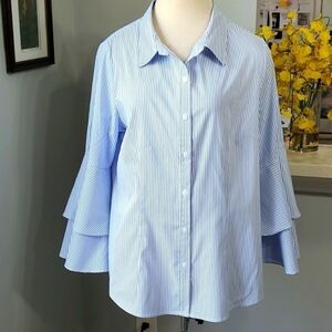 Blue Mood, women's 1X blue pin striped blouses. Button down. Layer Bell sleeves.
